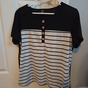Striped Print Half Button Raglan Sleeve Tee
